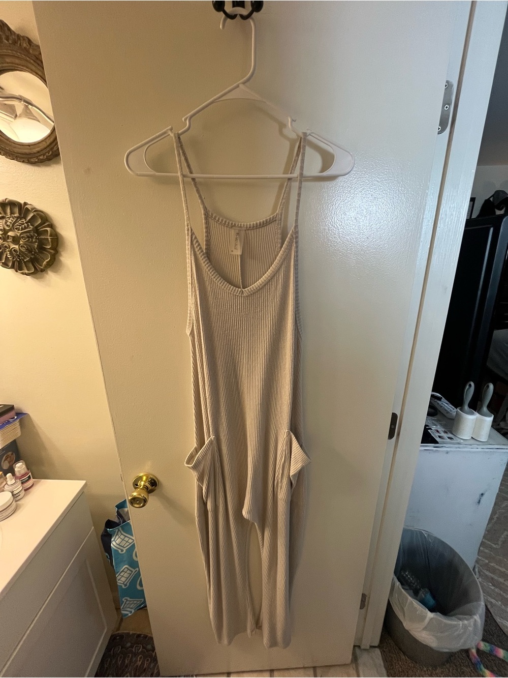 Light Beige Wide-Leg Jumpsuit - Sleeveless Scoop Neck - Picture 2 of 4